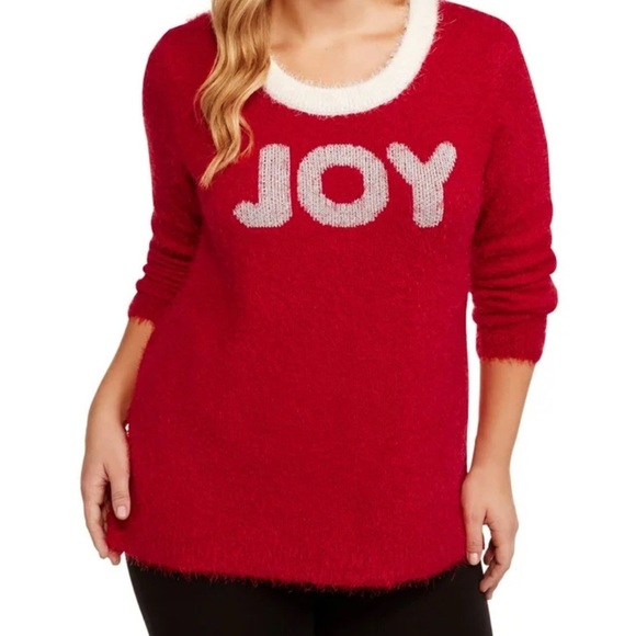 French Laundry Sweaters - Womens Plus 3X Joy Red Fuzzy Crew Sweater Christmas Holiday Party Cozy Dopamine